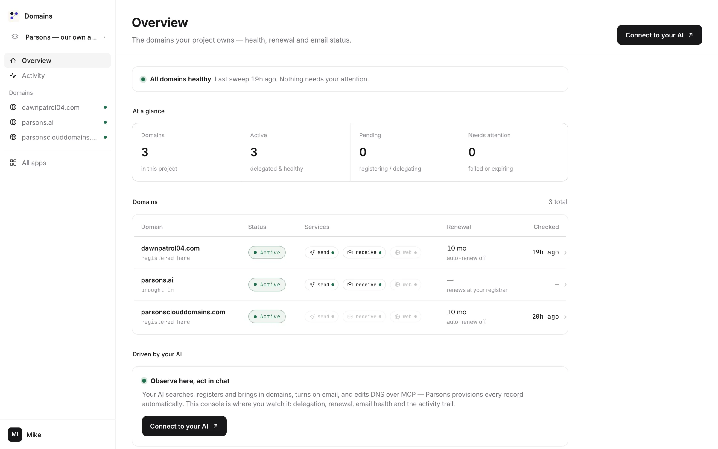 The Domains console: three domains, all healthy, delegated, email routing and sending set, renewals in ten and eleven months.